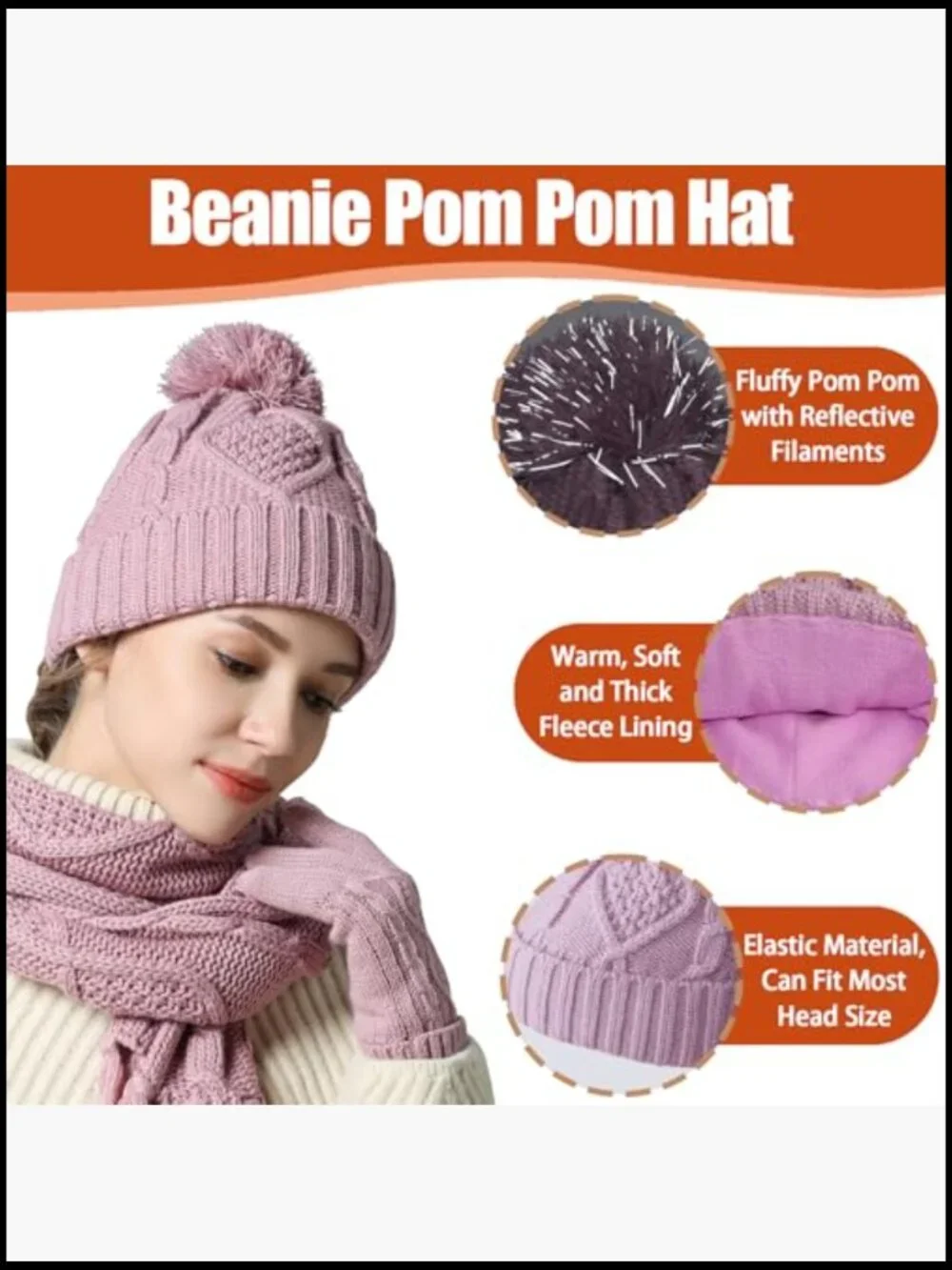 3-Piece Knit Hat Scarf Gloves Set with Pom Pom Touchscreen Gloves
